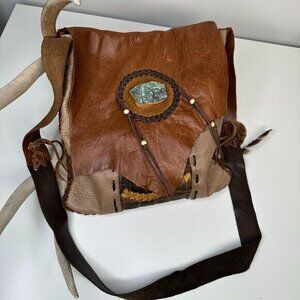 Funky Purse Project Handmade Boho Leather Patchwork Bag w/ Stone Accent & Fringe